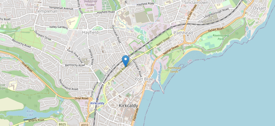 A map of Kirkcaldy with a marker at The Kitchen Treasury's location on Hunter Street